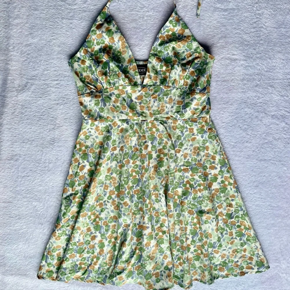 **NWOT** CIDER, (Size S) “Bottomless Mimosas” Green Floral Halter Mini Dress - Picture 7 of 10